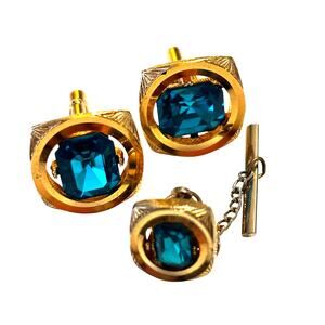 Vintage mid century men’s jewelry set gold blue cufflinks & tie pin 3/4” square